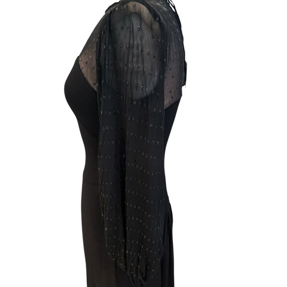 Vintage Black Midi Dress With Sheer Polka Dot Sleeves & Sweetheart Neckline - Picture 13 of 16